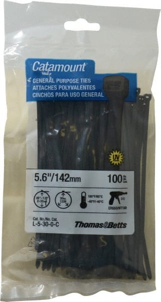 Thomas & Betts - 5.6" Long Black Nylon Standard Cable Tie - 30 Lb Tensile Strength, 1.21mm Thick, 1-1/4" Max Bundle Diam - Exact Tooling