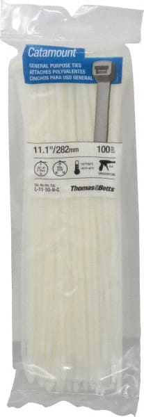 Thomas & Betts - 11.1" Long Natural (Color) Nylon Standard Cable Tie - 50 Lb Tensile Strength, 1.35mm Thick, 2" Max Bundle Diam - Exact Tooling