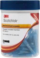 3M - 16 to 14 AWG Compatible, Heat Shrink & Nylon Fully Insulated, Crimp-On Butt Splice Terminal - 2 Wire Entries, Blue - Exact Tooling