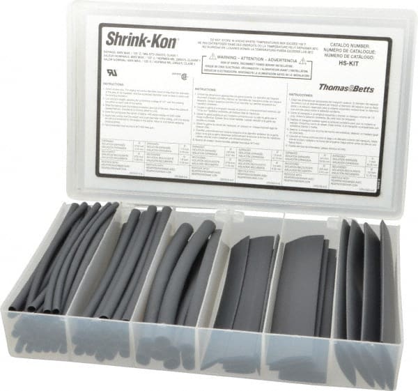 Thomas & Betts - 74 Piece, Black, Heat Shrink Electrical Tubing Kit - 2:1 Shrink Ratio, Flame Retardant, Polyolefin - Exact Tooling