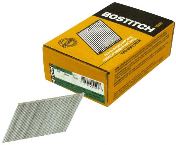 Stanley Bostitch - 15 Gauge 0.072" Shank Diam 2-1/2" Long Finishing Nails for Power Nailers - Steel, Galvanized Finish, Angled Stick Collation, Chisel Point - Exact Tooling