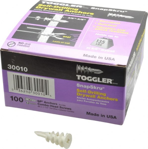 Toggler - #6 to 10 Screw, 5/16" Diam, 1-5/8" Long, 3/8 to 5/8" Thick, Self Drilling Drywall & Hollow Wall Anchor - Thermoplastic Alloy, Use in Drywall - Exact Tooling
