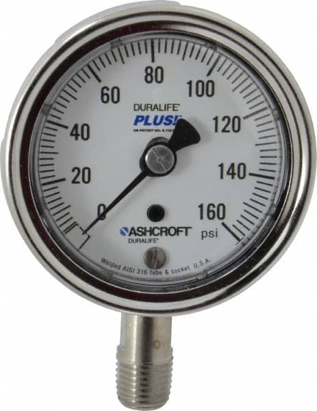 Ashcroft - 2-1/2" Dial, 1/4 Thread, 0-160 Scale Range, Pressure Gauge - Lower Connection Mount, Accurate to 1% of Scale - Exact Tooling
