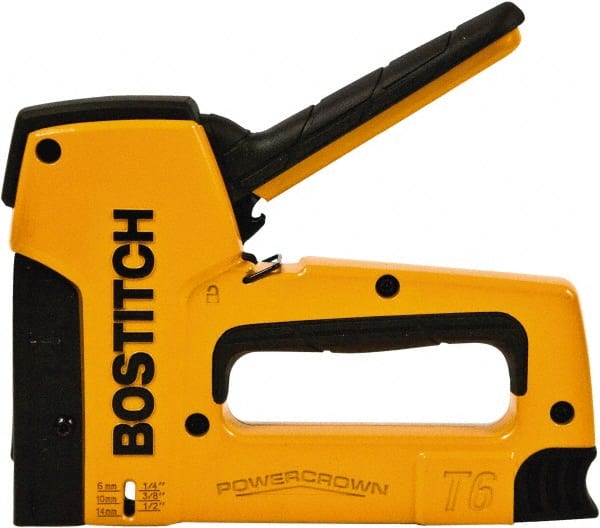 Stanley Bostitch - Manual Staple Gun - 1/4, 5/16, 3/8, 1/2, 9/16" Staples, 84 Lb Capacity, Yellow, Aluminum Die Cast - Exact Tooling