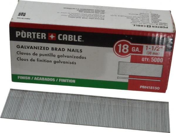 Porter-Cable - 18 Gauge 1-1/2" Long Brad Nails for Power Nailers - Grade 2 Steel, Galvanized Finish, Smooth Shank, Straight Stick Collation, Brad Head, Chisel Point - Exact Tooling
