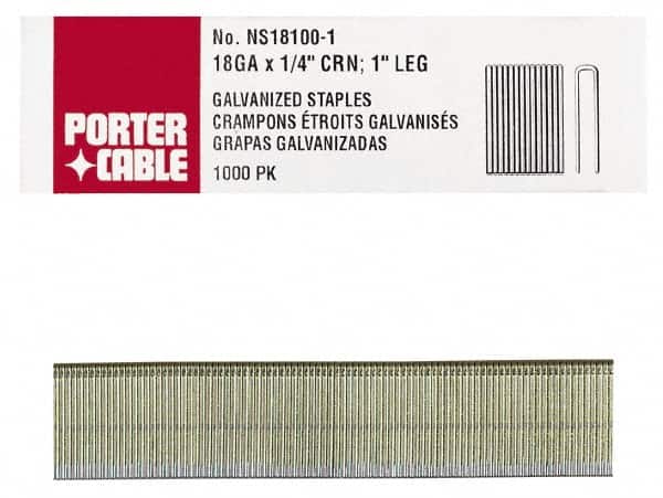 Porter-Cable - 1-1/4" Long x 1/4" Wide, 18 Gauge Narrow Crown Construction Staple - Grade 2 Steel, Galvanized Finish - Exact Tooling