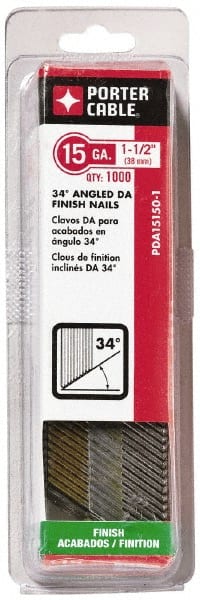 Porter-Cable - 15 Gauge 1-1/2" Long Finishing Nails for Power Nailers - Grade 2 Steel, Bright Finish, Angled Stick Collation, Chisel Point - Exact Tooling