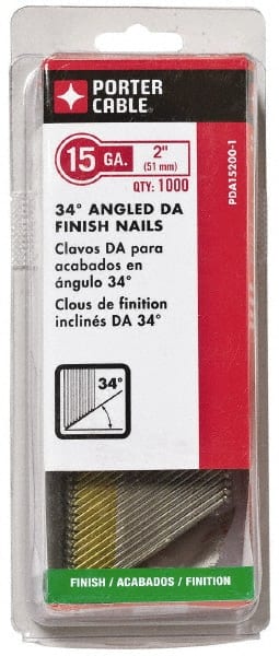 Porter-Cable - 15 Gauge 2" Long Finishing Nails for Power Nailers - Grade 2 Steel, Bright Finish, Angled Stick Collation, Chisel Point - Exact Tooling