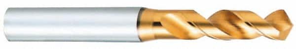 OSG - 0.5866" 120° Spiral Flute Vanadium High Speed Steel Screw Machine Drill Bit - TiN Finish, Right Hand Cut, 56mm Flute Length, 116mm OAL, Faceted Point, Straight Shank - Exact Tooling
