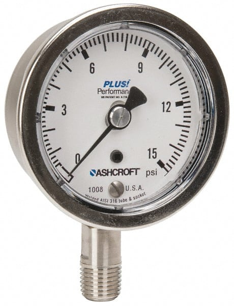 Ashcroft - 2-1/2" Dial, 1/4 Thread, 0-15 Scale Range, Pressure Gauge - Lower Connection Mount, Accurate to 3-2-3% of Scale - Exact Tooling