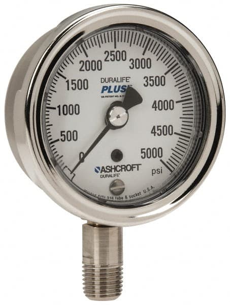 Ashcroft - 2-1/2" Dial, 1/4 Thread, 0-5,000 Scale Range, Pressure Gauge - Lower Connection Mount, Accurate to 1% of Scale - Exact Tooling