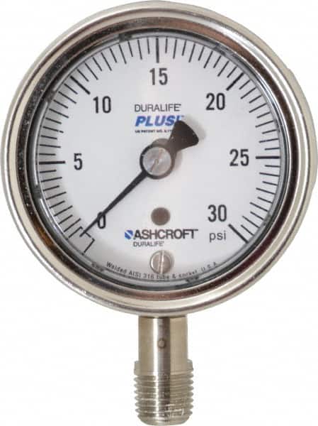 Ashcroft - 2-1/2" Dial, 1/4 Thread, 0-30 Scale Range, Pressure Gauge - Lower Connection Mount, Accurate to 1% of Scale - Exact Tooling