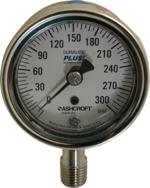 Ashcroft - 2-1/2" Dial, 1/4 Thread, 0-300 Scale Range, Pressure Gauge - Lower Connection Mount, Accurate to 1% of Scale - Exact Tooling