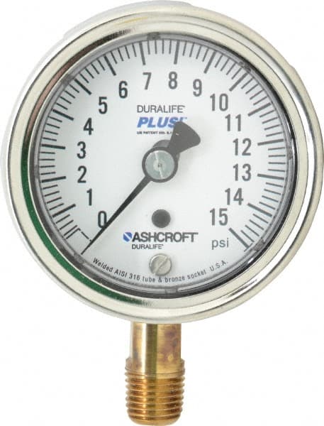 Ashcroft - 2-1/2" Dial, 1/4 Thread, 0-15 Scale Range, Pressure Gauge - Lower Connection Mount, Accurate to 1% of Scale - Exact Tooling