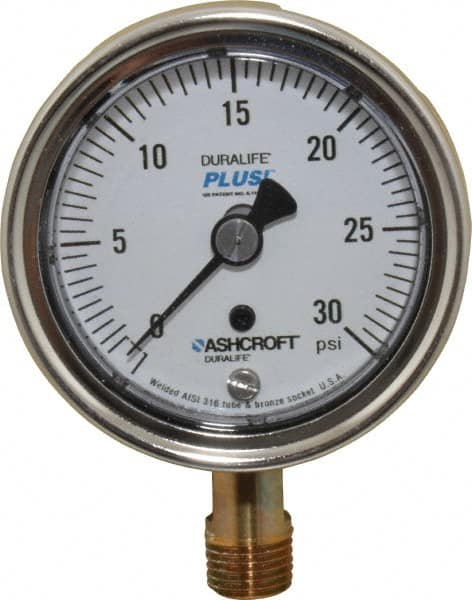 Ashcroft - 2-1/2" Dial, 1/4 Thread, 0-30 Scale Range, Pressure Gauge - Lower Connection Mount, Accurate to 1% of Scale - Exact Tooling