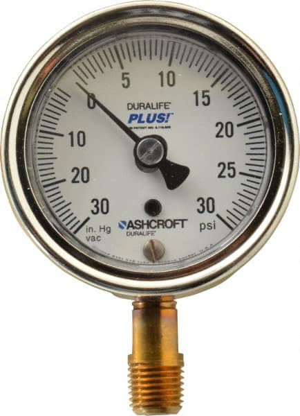 Ashcroft - 2-1/2" Dial, 1/4 Thread, 30-0-30 Scale Range, Pressure Gauge - Lower Connection Mount, Accurate to 1% of Scale - Exact Tooling