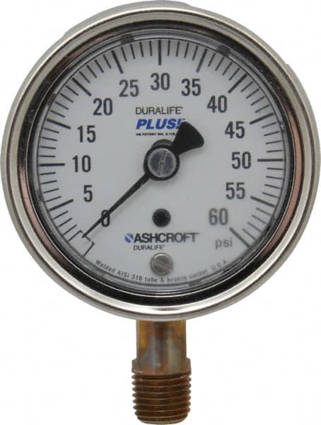 Ashcroft - 2-1/2" Dial, 1/4 Thread, 0-60 Scale Range, Pressure Gauge - Lower Connection Mount, Accurate to 1% of Scale - Exact Tooling