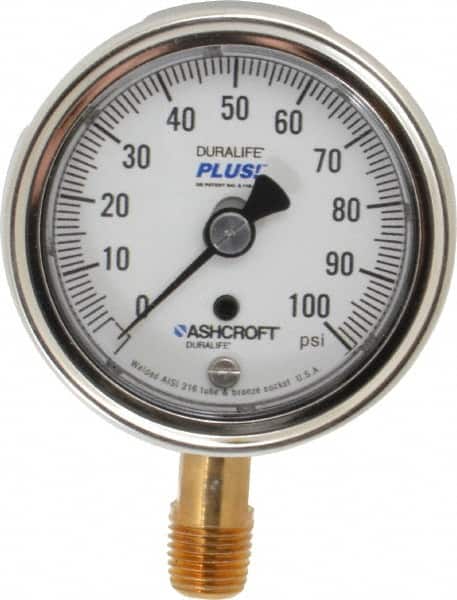 Ashcroft - 2-1/2" Dial, 1/4 Thread, 0-100 Scale Range, Pressure Gauge - Lower Connection Mount, Accurate to 1% of Scale - Exact Tooling