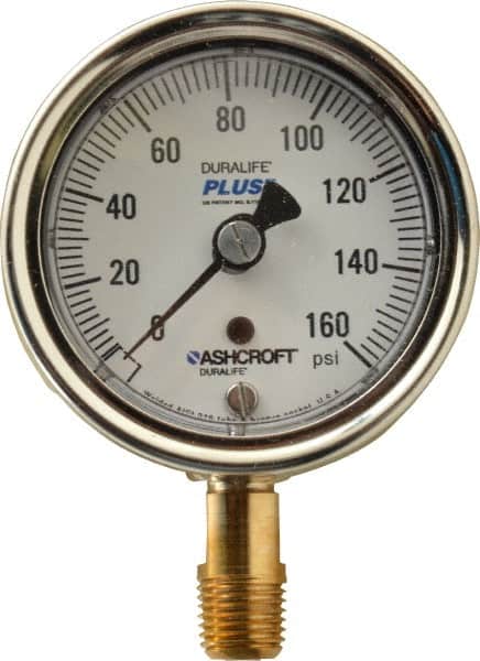 Ashcroft - 2-1/2" Dial, 1/4 Thread, 0-160 Scale Range, Pressure Gauge - Lower Connection Mount, Accurate to 1% of Scale - Exact Tooling