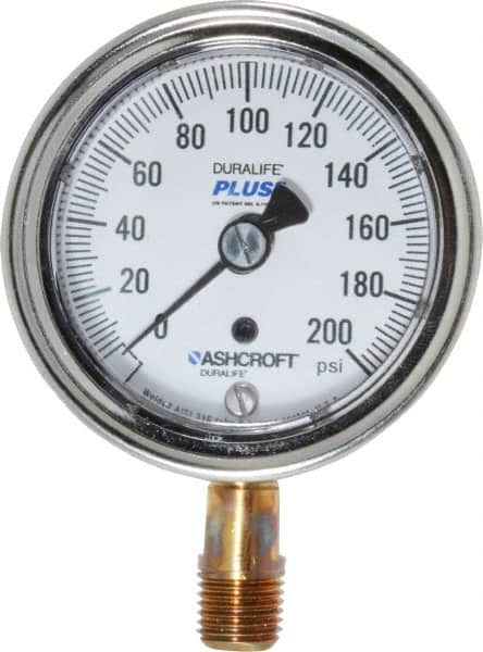 Ashcroft - 2-1/2" Dial, 1/4 Thread, 0-200 Scale Range, Pressure Gauge - Lower Connection Mount, Accurate to 1% of Scale - Exact Tooling