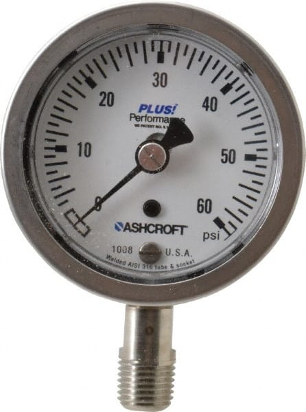Ashcroft - 2-1/2" Dial, 1/4 Thread, 0-60 Scale Range, Pressure Gauge - Lower Connection Mount, Accurate to 3-2-3% of Scale - Exact Tooling