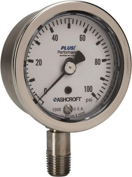 Ashcroft - 2-1/2" Dial, 1/4 Thread, 0-100 Scale Range, Pressure Gauge - Lower Connection Mount, Accurate to 3-2-3% of Scale - Exact Tooling