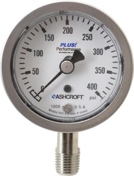Ashcroft - 2-1/2" Dial, 1/4 Thread, 0-400 Scale Range, Pressure Gauge - Lower Connection Mount, Accurate to 3-2-3% of Scale - Exact Tooling