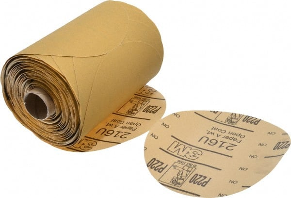 3M - 5" Diam, 220 Grit Aluminum Oxide Adhesive PSA Disc - Very Fine Grade, Gold, A Weighted Backing, Flexible, Use with Random Orbital Sanders - Exact Tooling