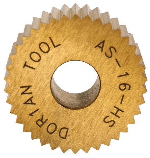 Dorian Tool - 3/4" Diam, 90° Tooth Angle, 16 TPI, Standard (Shape), Form Type High Speed Steel Straight Knurl Wheel - 3/8" Face Width, 1/4" Hole, Circular Pitch, Bright Finish, Series A - Exact Tooling