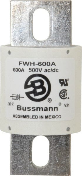 Cooper Bussmann - 500 VAC/VDC, 600 Amp, Fast-Acting Semiconductor/High Speed Fuse - Bolt-on Mount, 4-15/32" OAL, 200 (RMS Symmetrical), 50 at DC kA Rating, 2" Diam - Exact Tooling