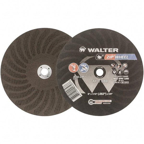 WALTER Surface Technologies - 8" 30 Grit Aluminum Oxide Cutoff Wheel - 1/16" Thick, 5/8" Arbor, 7,600 Max RPM, Use with Circular Saws - Exact Tooling