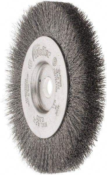 Weiler - 4" OD, 1/2" Arbor Hole, Crimped Steel Wheel Brush - 1/2" Face Width, 7/8" Trim Length, 0.006" Filament Diam, 12,500 RPM - Exact Tooling