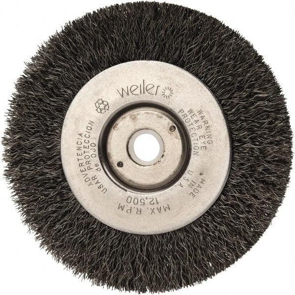 Weiler - 4" OD, 1/2" Arbor Hole, Crimped Steel Wheel Brush - 1/2" Face Width, 7/8" Trim Length, 0.008" Filament Diam, 12,500 RPM - Exact Tooling