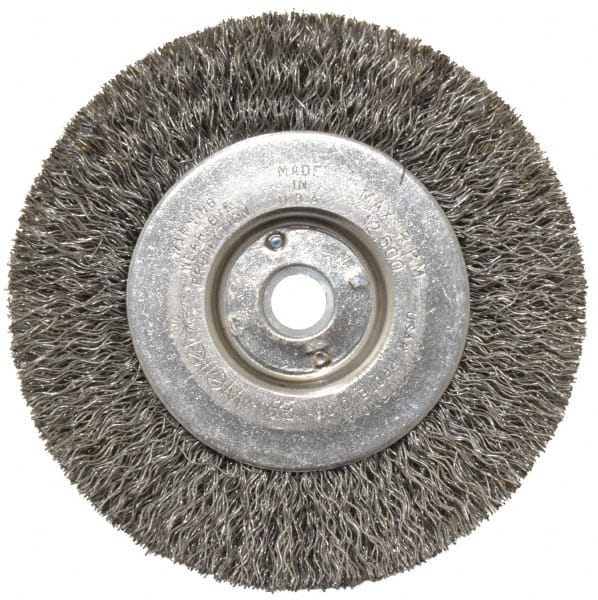 Weiler - 4" OD, 1/2" Arbor Hole, Crimped Steel Wheel Brush - 1/2" Face Width, 7/8" Trim Length, 0.0118" Filament Diam, 12,500 RPM - Exact Tooling