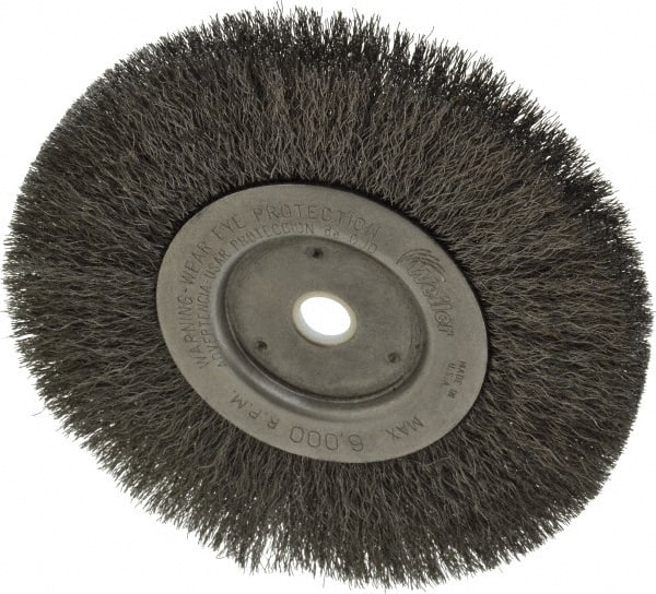 Weiler - 6" OD, 5/8" Arbor Hole, Crimped Steel Wheel Brush - 1/2" Face Width, 1-7/16" Trim Length, 0.008" Filament Diam, 6,000 RPM - Exact Tooling