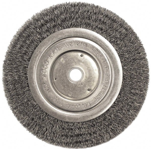 Weiler - 6" OD, 5/8" Arbor Hole, Crimped Steel Wheel Brush - 1/2" Face Width, 1-1/16" Trim Length, 0.0118" Filament Diam, 6,000 RPM - Exact Tooling