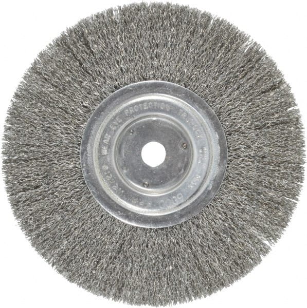 Weiler - 8" OD, 5/8" Arbor Hole, Crimped Steel Wheel Brush - 1/2" Face Width, 2-1/16" Trim Length, 0.014" Filament Diam, 6,000 RPM - Exact Tooling