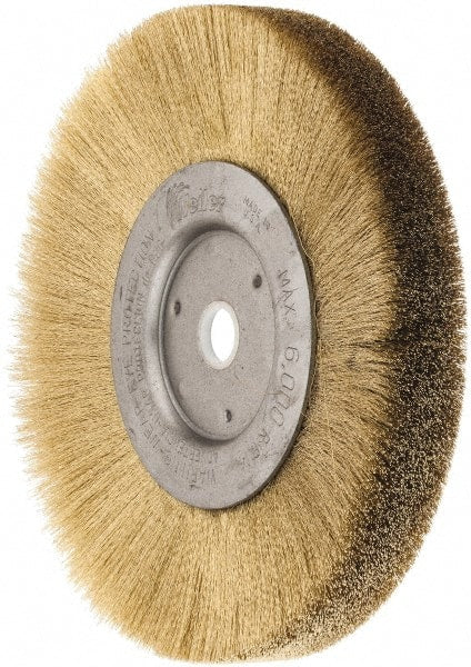 Weiler - 6" OD, 5/8" Arbor Hole, Crimped Brass Wheel Brush - 1/2" Face Width, 1-1/16" Trim Length, 0.005" Filament Diam, 6,000 RPM - Exact Tooling