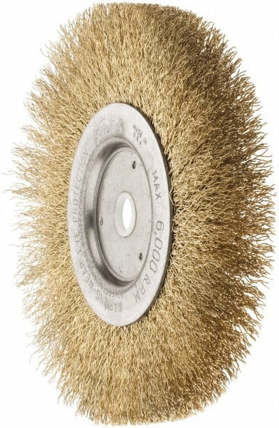 Weiler - 6" OD, 5/8" Arbor Hole, Crimped Brass Wheel Brush - 1/2" Face Width, 1-1/16" Trim Length, 0.0118" Filament Diam, 6,000 RPM - Exact Tooling