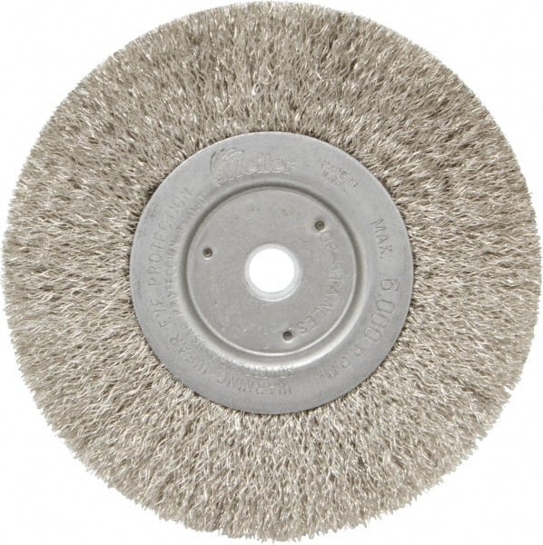 Weiler - 6" OD, 5/8" Arbor Hole, Crimped Stainless Steel Wheel Brush - 1/2" Face Width, 1-7/16" Trim Length, 0.0118" Filament Diam, 6,000 RPM - Exact Tooling