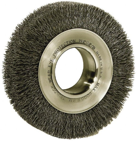 Weiler - 6" OD, 2" Arbor Hole, Crimped Steel Wheel Brush - 1-1/4" Face Width, 1-1/8" Trim Length, 0.006" Filament Diam, 6,000 RPM - Exact Tooling