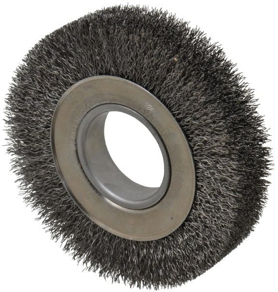 Weiler - 6" OD, 2" Arbor Hole, Crimped Steel Wheel Brush - 1-1/4" Face Width, 1-1/8" Trim Length, 0.014" Filament Diam, 6,000 RPM - Exact Tooling