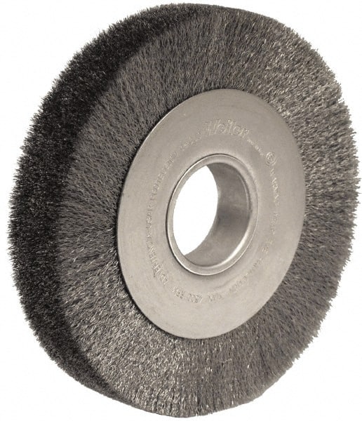 Weiler - 8" OD, 2" Arbor Hole, Crimped Steel Wheel Brush - 1-1/2" Face Width, 1-3/8" Trim Length, 0.006" Filament Diam, 4,500 RPM - Exact Tooling