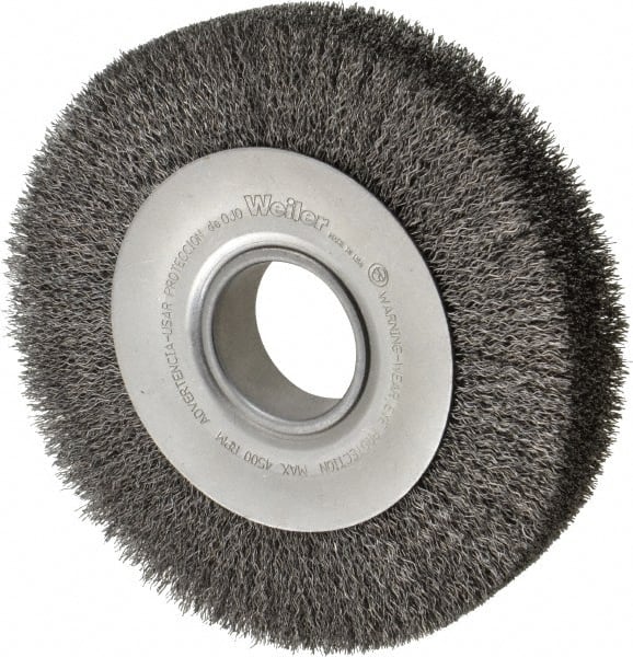 Weiler - 8" OD, 2" Arbor Hole, Crimped Steel Wheel Brush - 1-1/2" Face Width, 1-3/8" Trim Length, 0.014" Filament Diam, 4,500 RPM - Exact Tooling