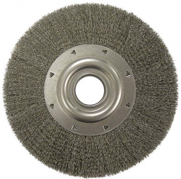 Weiler - 6" OD, 2" Arbor Hole, Crimped Stainless Steel Wheel Brush - 1-1/4" Face Width, 1-1/8" Trim Length, 0.0118" Filament Diam, 6,000 RPM - Exact Tooling