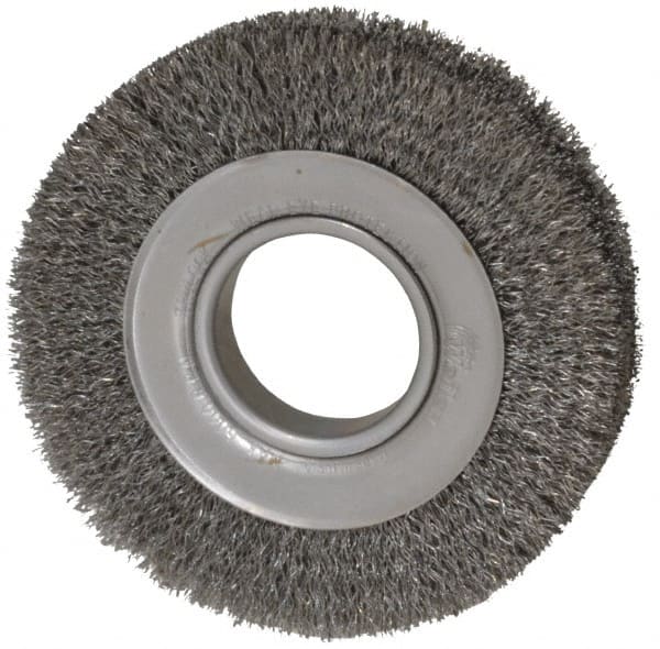 Weiler - 6" OD, 2" Arbor Hole, Crimped Steel Wheel Brush - 1" Face Width, 1-1/8" Trim Length, 0.0118" Filament Diam, 6,000 RPM - Exact Tooling