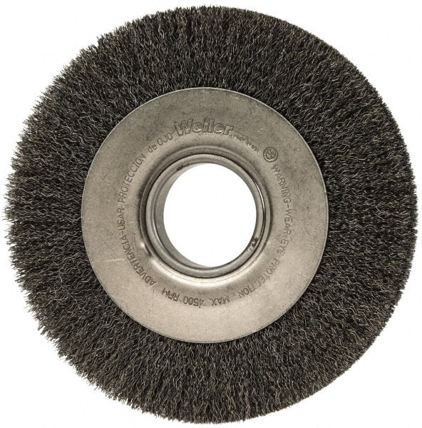 Weiler - 8" OD, 2" Arbor Hole, Crimped Steel Wheel Brush - 1" Face Width, 1-3/8" Trim Length, 0.0118" Filament Diam, 4,500 RPM - Exact Tooling