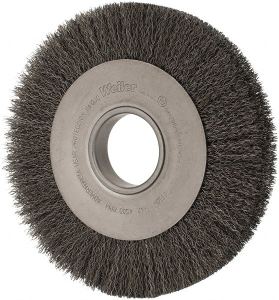 Weiler - 8" OD, 2" Arbor Hole, Crimped Steel Wheel Brush - 1" Face Width, 1-3/8" Trim Length, 0.014" Filament Diam, 4,500 RPM - Exact Tooling