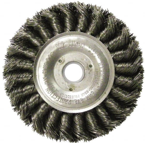 Weiler - 4" OD, 5/8" Arbor Hole, Knotted Steel Wheel Brush - 1/2" Face Width, 7/8" Trim Length, 0.014" Filament Diam, 20,000 RPM - Exact Tooling