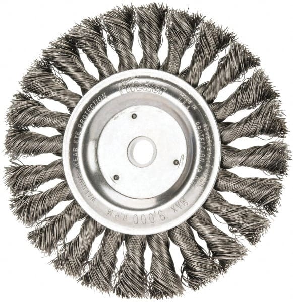 Weiler - 6" OD, 5/8" Arbor Hole, Knotted Steel Wheel Brush - 1/2" Face Width, 1-3/8" Trim Length, 0.016" Filament Diam, 9,000 RPM - Exact Tooling